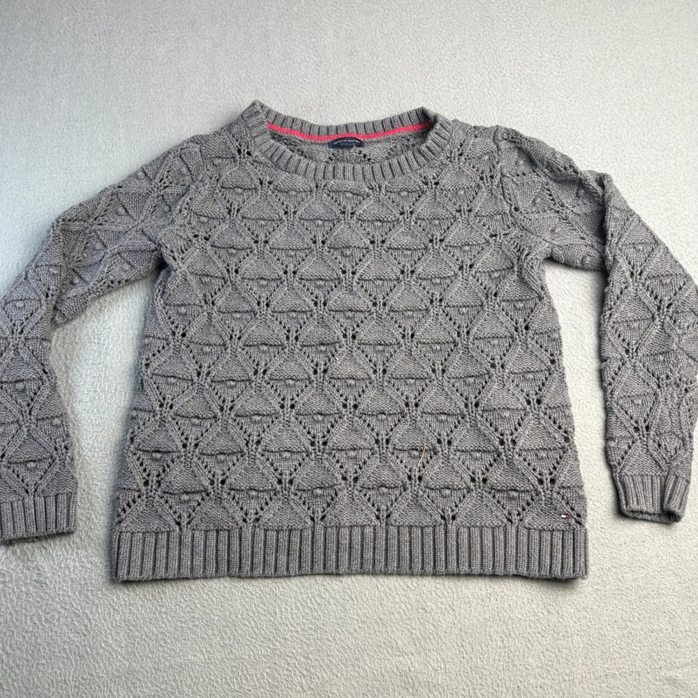 Tommy Hilfiger Womens Large Gray Pointelle Geometric Knit Crewneck Sweater